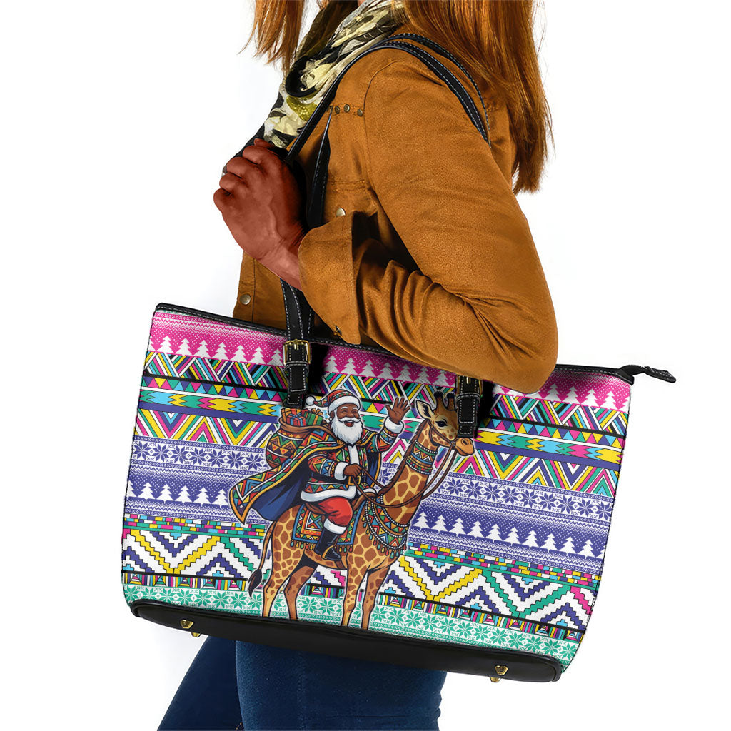 South Africa Christmas Santa Giraffe Leather Tote Bag Ndebele Geometric Patterns