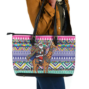 South Africa Christmas Santa Giraffe Leather Tote Bag Ndebele Geometric Patterns