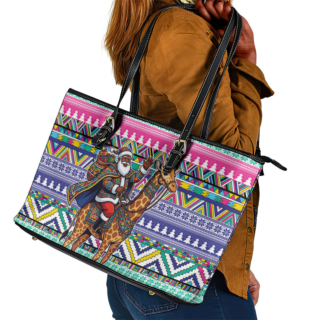 South Africa Christmas Santa Giraffe Leather Tote Bag Ndebele Geometric Patterns