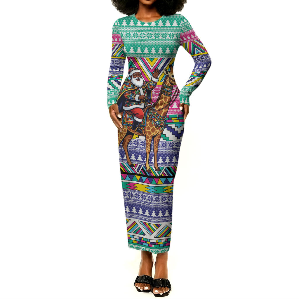 South Africa Christmas Santa Giraffe Long Sleeve Bodycon Dress Ndebele Geometric Patterns