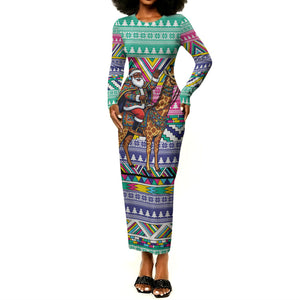 South Africa Christmas Santa Giraffe Long Sleeve Bodycon Dress Ndebele Geometric Patterns