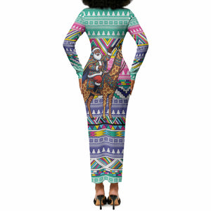 South Africa Christmas Santa Giraffe Long Sleeve Bodycon Dress Ndebele Geometric Patterns
