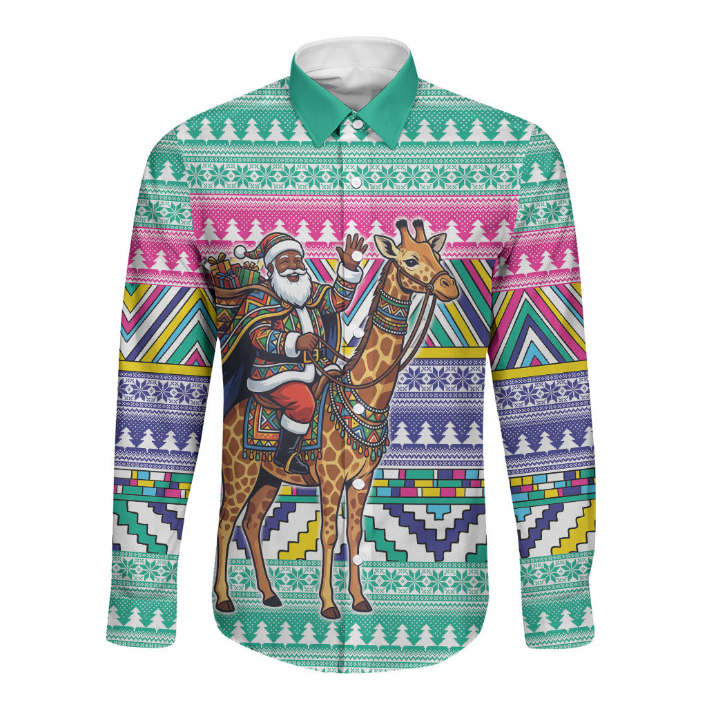 South Africa Christmas Santa Giraffe Long Sleeve Button Shirt Ndebele Geometric Patterns