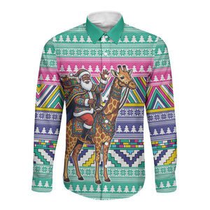 South Africa Christmas Santa Giraffe Long Sleeve Button Shirt Ndebele Geometric Patterns