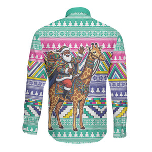South Africa Christmas Santa Giraffe Long Sleeve Button Shirt Ndebele Geometric Patterns