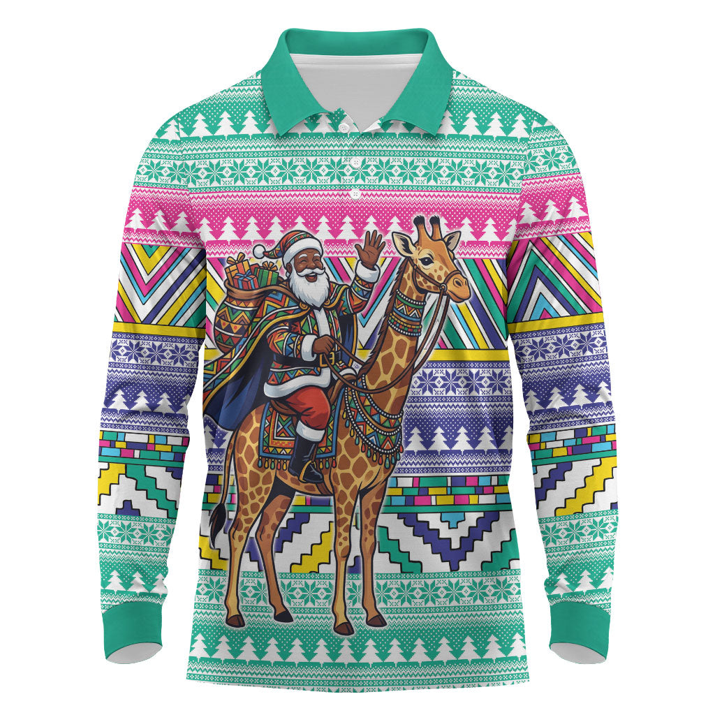 South Africa Christmas Santa Giraffe Long Sleeve Polo Shirt Ndebele Geometric Patterns