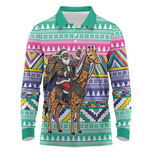 South Africa Christmas Santa Giraffe Long Sleeve Polo Shirt Ndebele Geometric Patterns