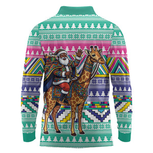 South Africa Christmas Santa Giraffe Long Sleeve Polo Shirt Ndebele Geometric Patterns