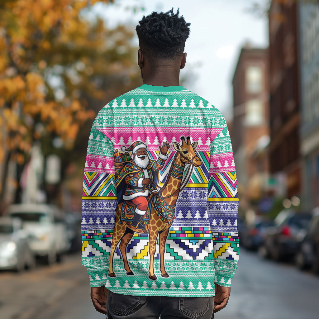 South Africa Christmas Santa Giraffe Long Sleeve Shirt Ndebele Geometric Patterns