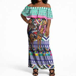South Africa Christmas Santa Giraffe Off Shoulder Maxi Dress Ndebele Geometric Patterns