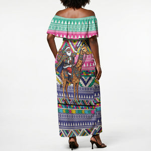 South Africa Christmas Santa Giraffe Off Shoulder Maxi Dress Ndebele Geometric Patterns