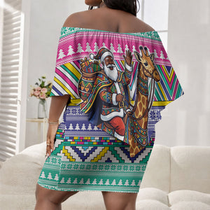 South Africa Christmas Santa Giraffe Off Shoulder Short Dress Ndebele Geometric Patterns