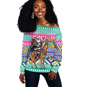 South Africa Christmas Santa Giraffe Off Shoulder Sweater Ndebele Geometric Patterns