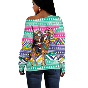 South Africa Christmas Santa Giraffe Off Shoulder Sweater Ndebele Geometric Patterns
