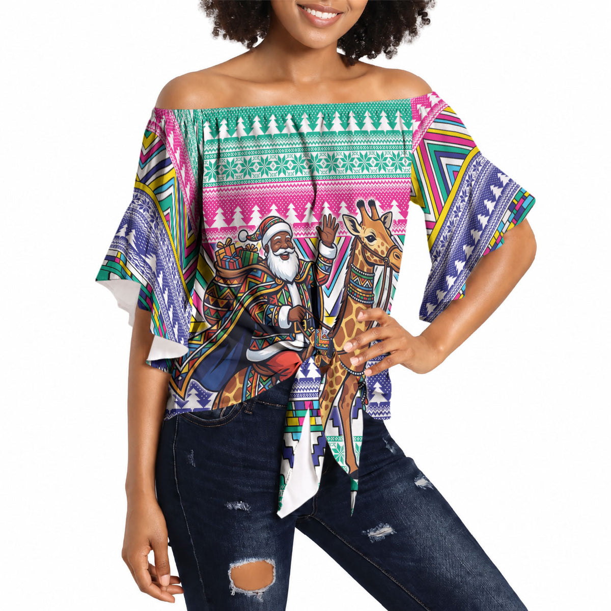 South Africa Christmas Santa Giraffe Off Shoulder Wrap Waist Top Ndebele Geometric Patterns