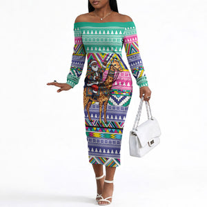 South Africa Christmas Santa Giraffe Off The Shoulder Long Sleeve Dress Ndebele Geometric Patterns