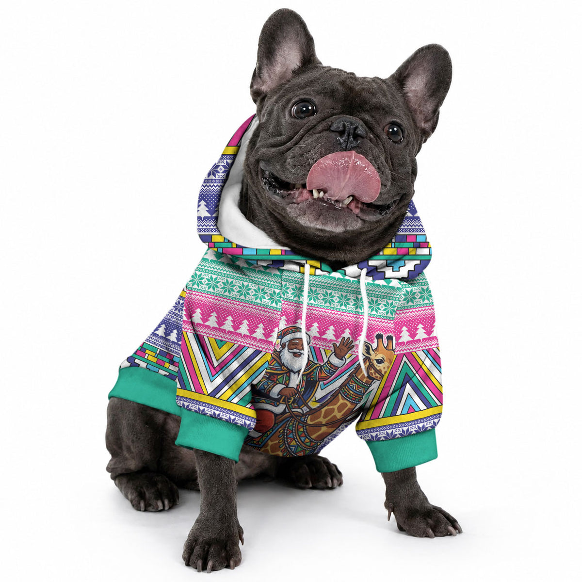 South Africa Christmas Santa Giraffe Pet Hoodie Ndebele Geometric Patterns