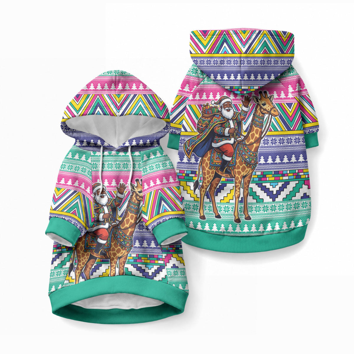 South Africa Christmas Santa Giraffe Pet Hoodie Ndebele Geometric Patterns