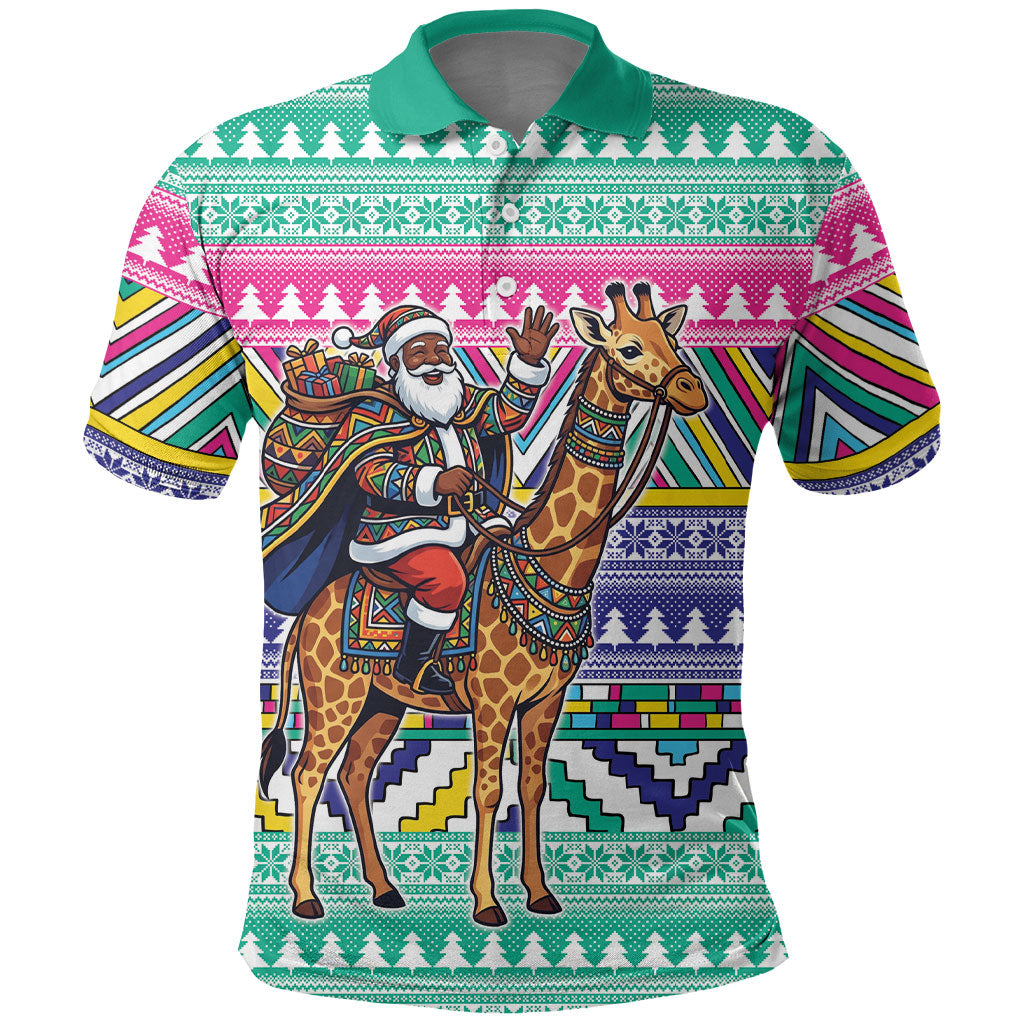 South Africa Christmas Santa Giraffe Polo Shirt Ndebele Geometric Patterns