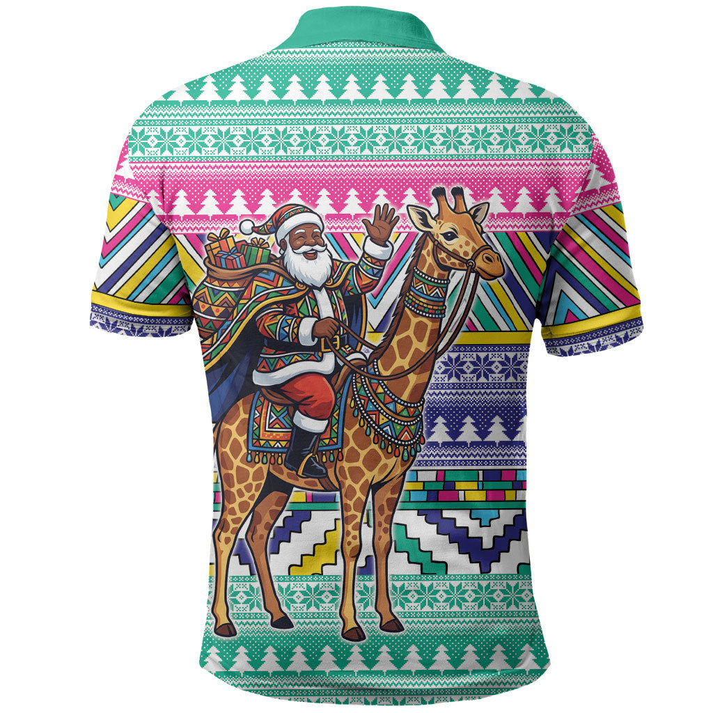 South Africa Christmas Santa Giraffe Polo Shirt Ndebele Geometric Patterns