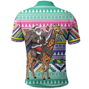South Africa Christmas Santa Giraffe Polo Shirt Ndebele Geometric Patterns