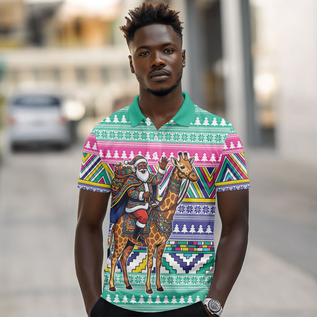 South Africa Christmas Santa Giraffe Polo Shirt Ndebele Geometric Patterns