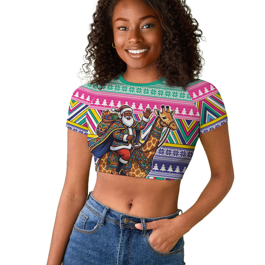 South Africa Christmas Santa Giraffe Raglan Cropped T shirt Ndebele Geometric Patterns