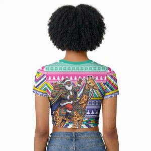 South Africa Christmas Santa Giraffe Raglan Cropped T shirt Ndebele Geometric Patterns