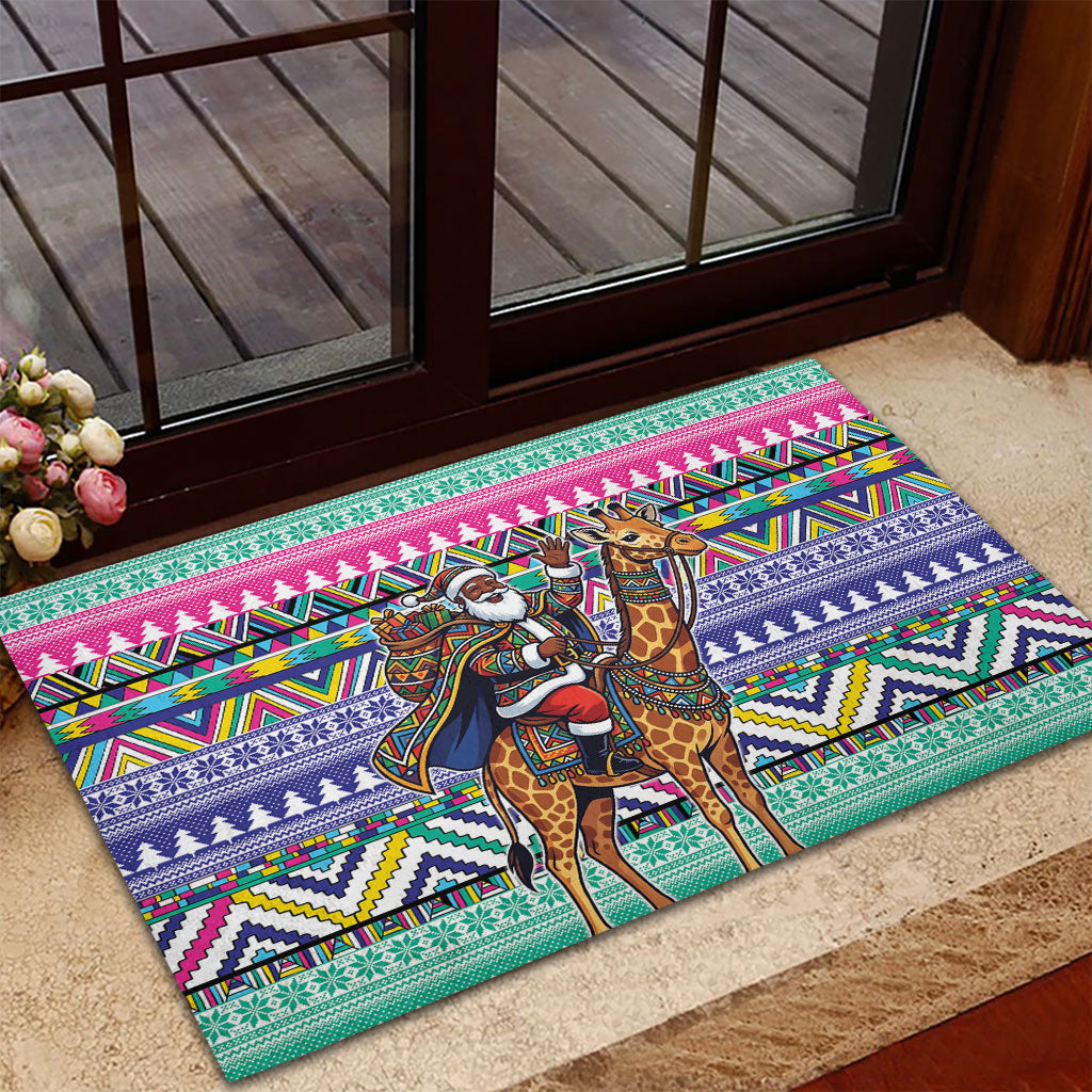 South Africa Christmas Santa Giraffe Rubber Doormat Ndebele Geometric Patterns