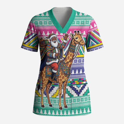 South Africa Christmas Santa Giraffe Scrub Top Ndebele Geometric Patterns