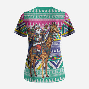 South Africa Christmas Santa Giraffe Scrub Top Ndebele Geometric Patterns