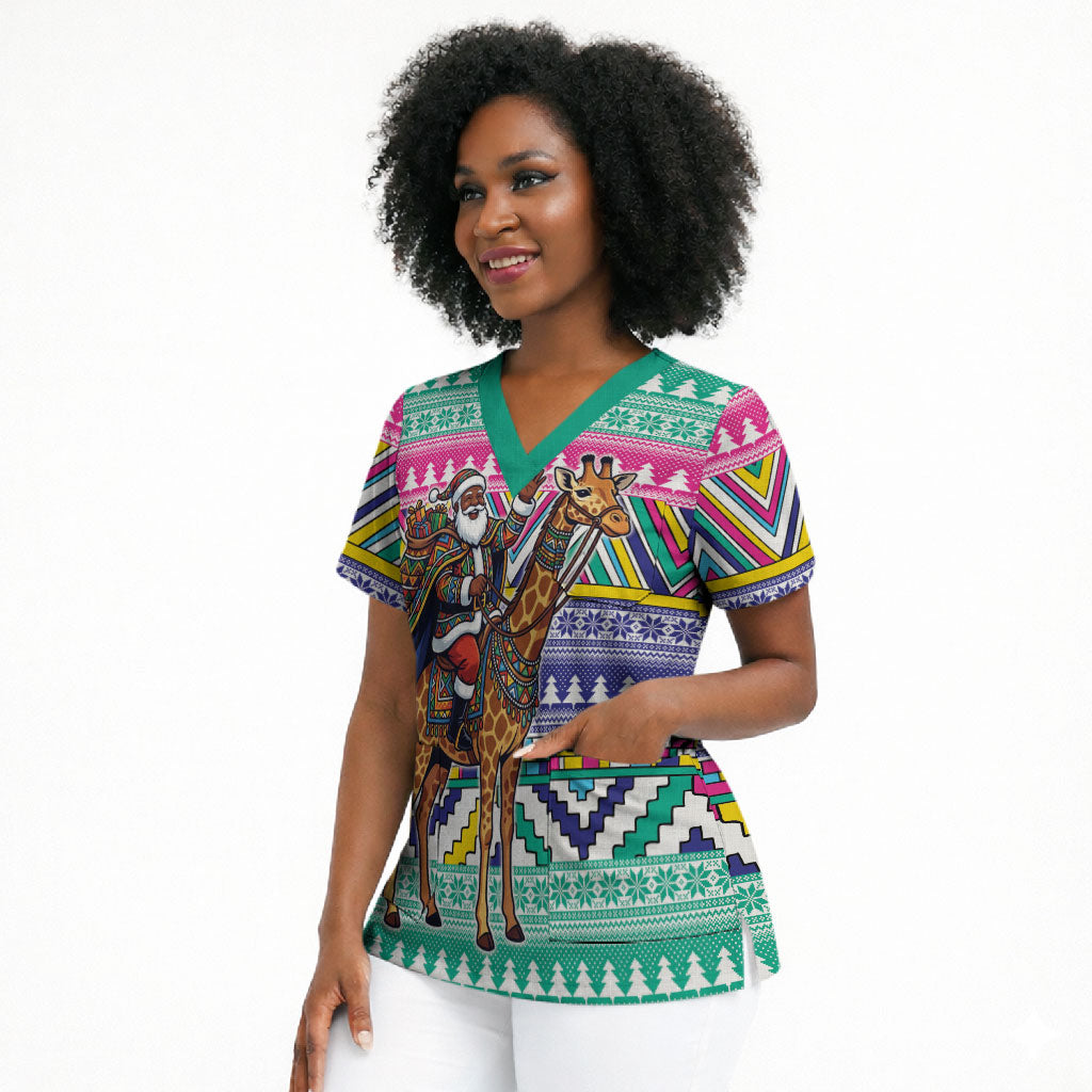 South Africa Christmas Santa Giraffe Scrub Top Ndebele Geometric Patterns