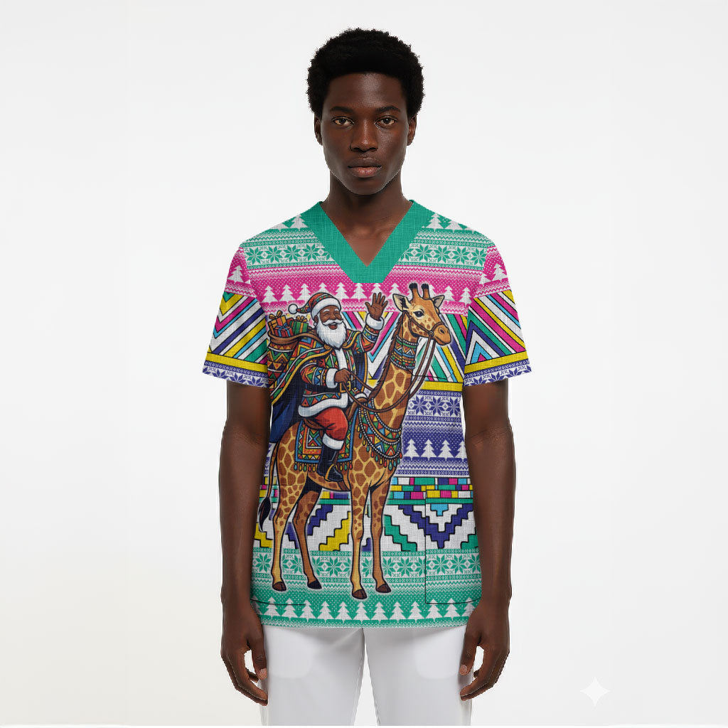 South Africa Christmas Santa Giraffe Scrub Top Ndebele Geometric Patterns