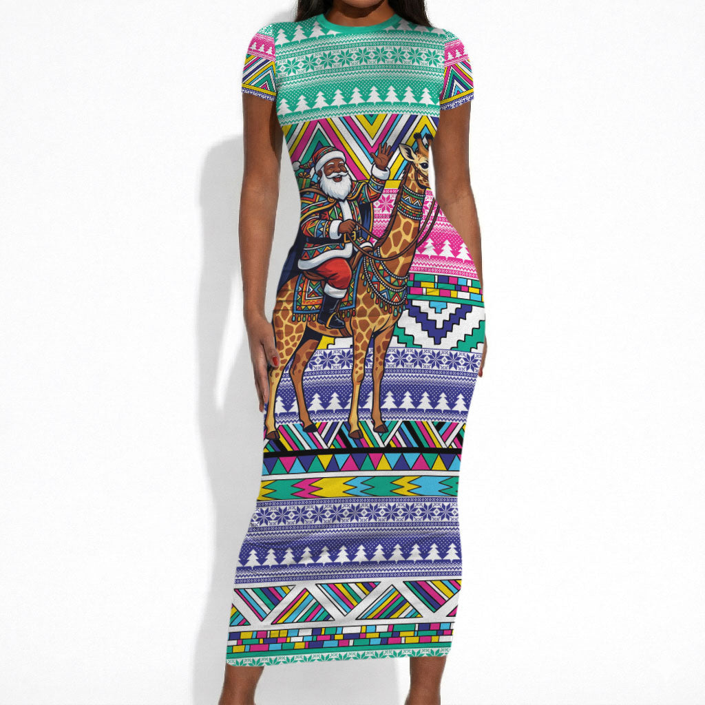 South Africa Christmas Santa Giraffe Short Sleeve Bodycon Dress Ndebele Geometric Patterns
