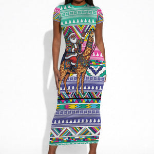 South Africa Christmas Santa Giraffe Short Sleeve Bodycon Dress Ndebele Geometric Patterns