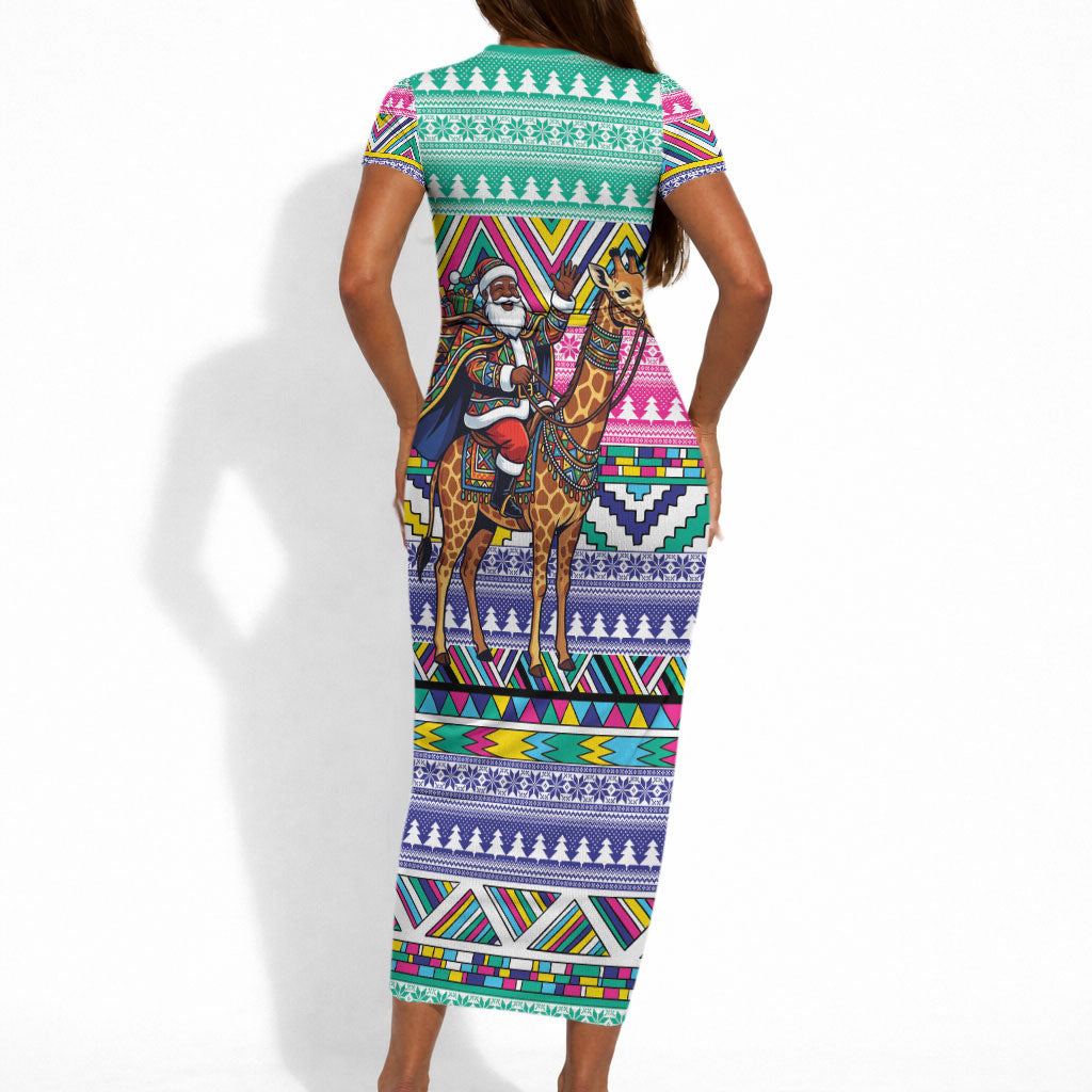 South Africa Christmas Santa Giraffe Short Sleeve Bodycon Dress Ndebele Geometric Patterns