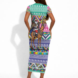 South Africa Christmas Santa Giraffe Short Sleeve Bodycon Dress Ndebele Geometric Patterns