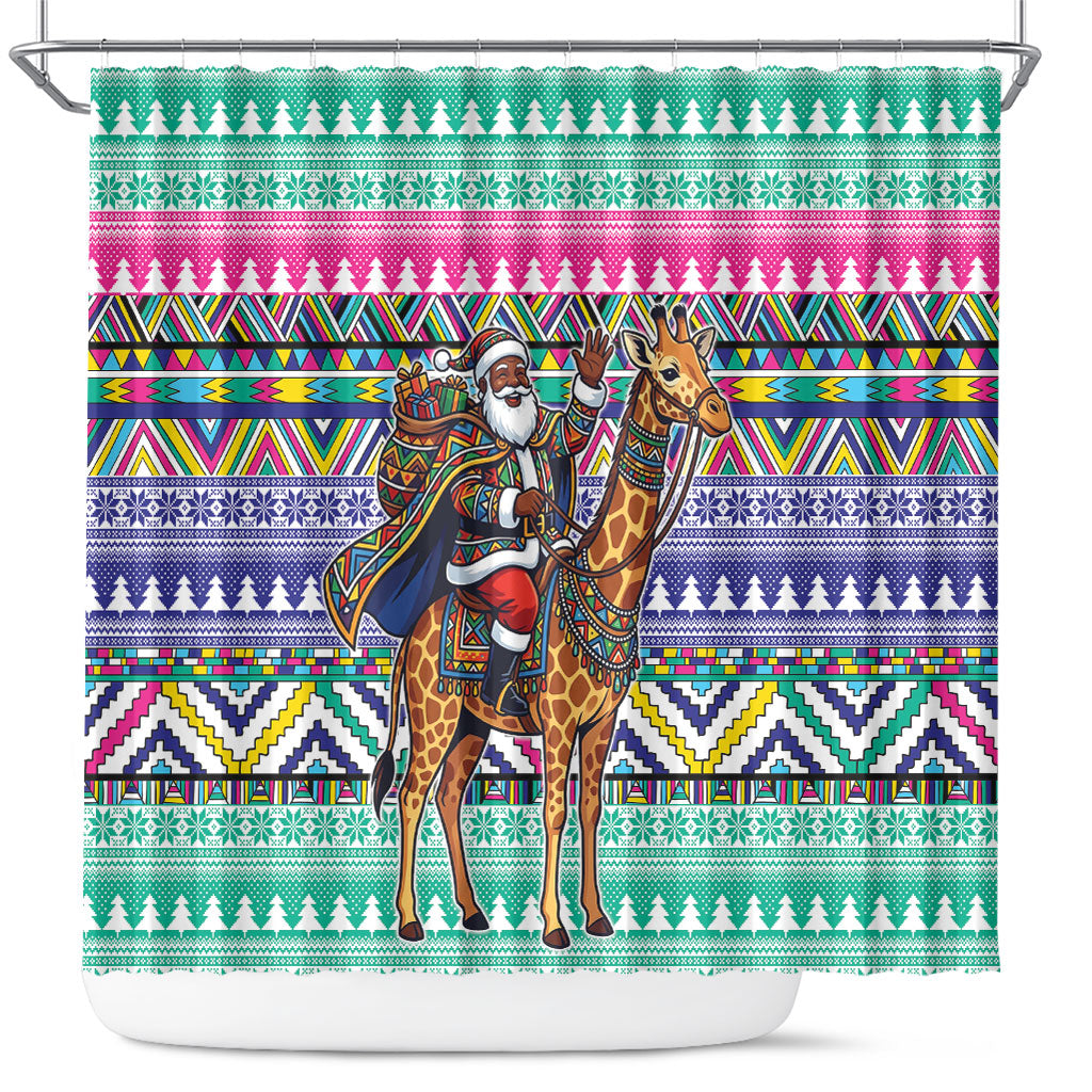 South Africa Christmas Santa Giraffe Shower Curtain Ndebele Geometric Patterns