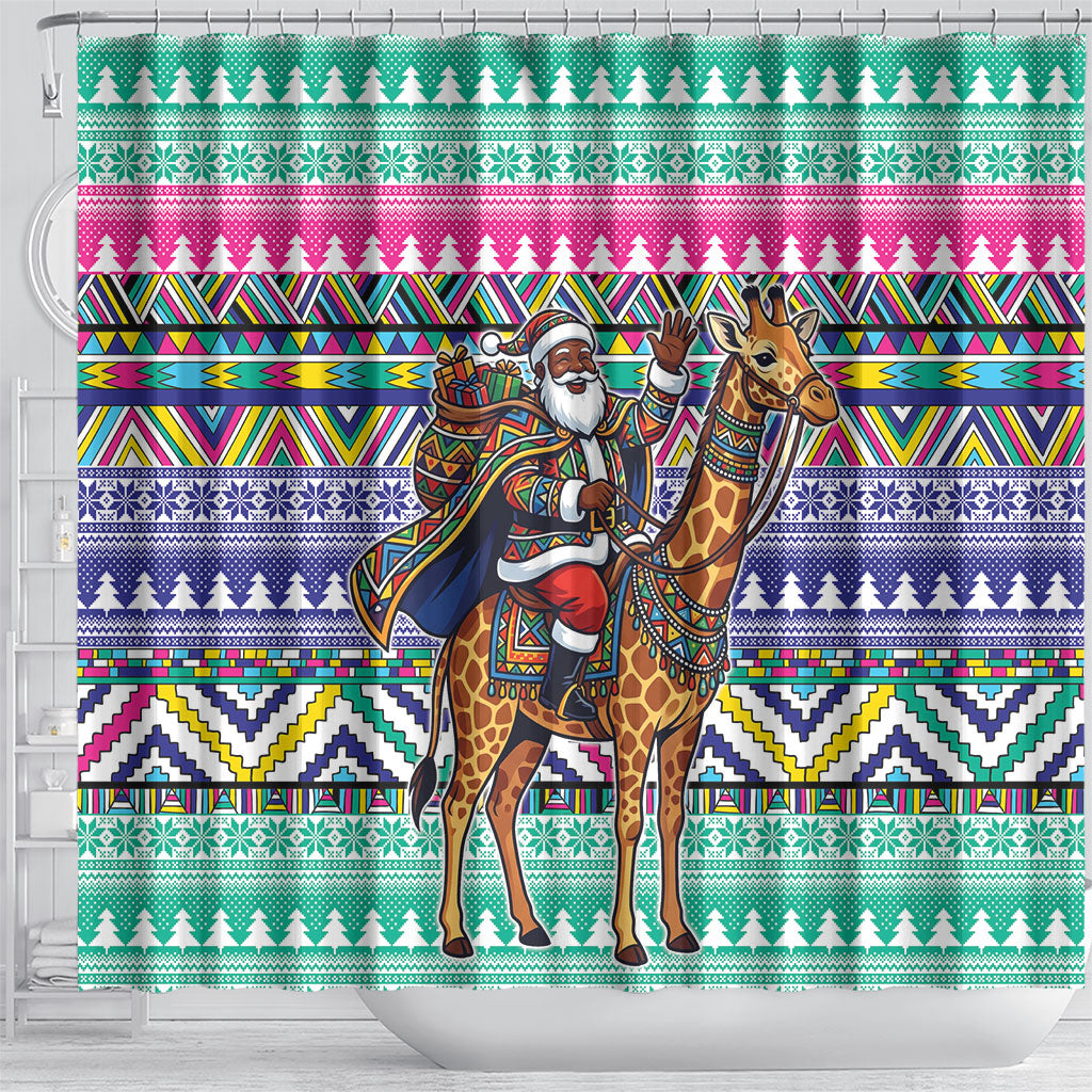 South Africa Christmas Santa Giraffe Shower Curtain Ndebele Geometric Patterns