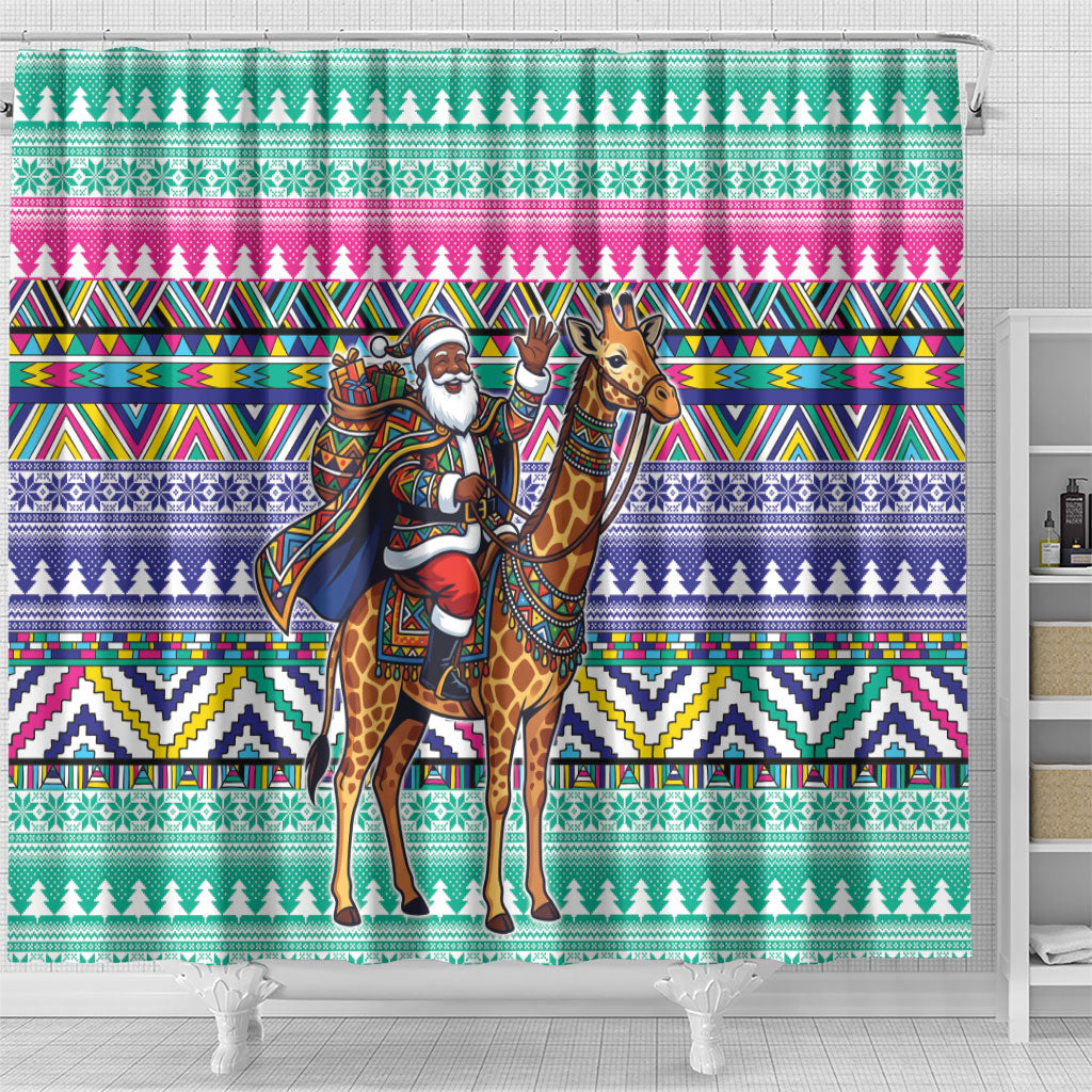 South Africa Christmas Santa Giraffe Shower Curtain Ndebele Geometric Patterns