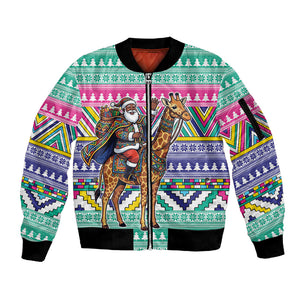 South Africa Christmas Santa Giraffe Sleeve Zip Bomber Jacket Ndebele Geometric Patterns