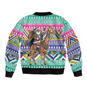 South Africa Christmas Santa Giraffe Sleeve Zip Bomber Jacket Ndebele Geometric Patterns