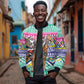 South Africa Christmas Santa Giraffe Sleeve Zip Bomber Jacket Ndebele Geometric Patterns
