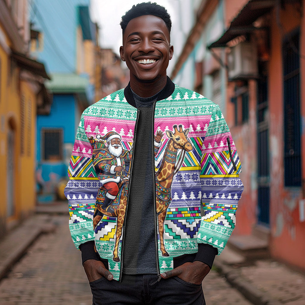 South Africa Christmas Santa Giraffe Sleeve Zip Bomber Jacket Ndebele Geometric Patterns