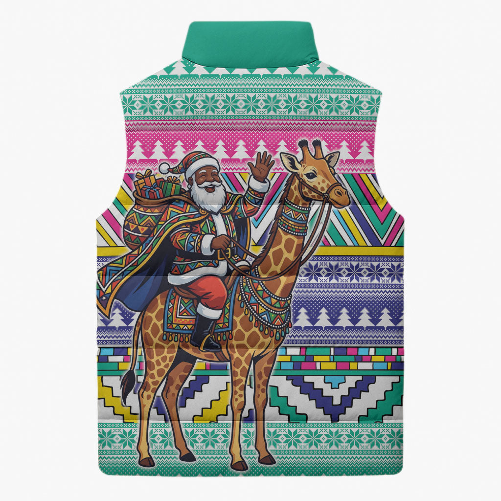 South Africa Christmas Santa Giraffe Sleeveless Puffer Jacket Ndebele Geometric Patterns
