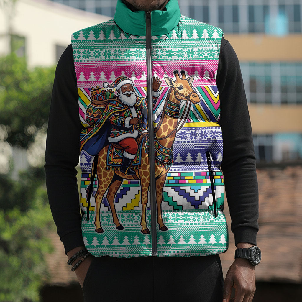 South Africa Christmas Santa Giraffe Sleeveless Puffer Jacket Ndebele Geometric Patterns