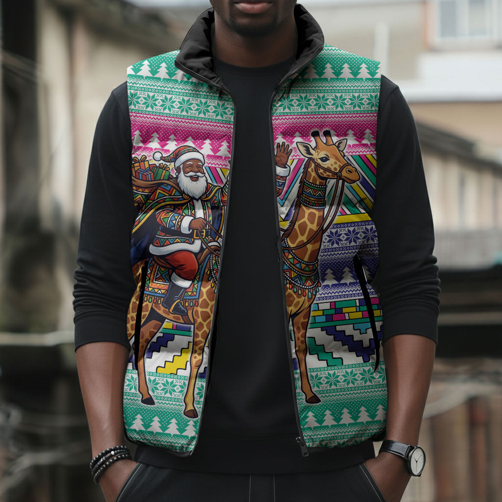 South Africa Christmas Santa Giraffe Sleeveless Puffer Jacket Ndebele Geometric Patterns
