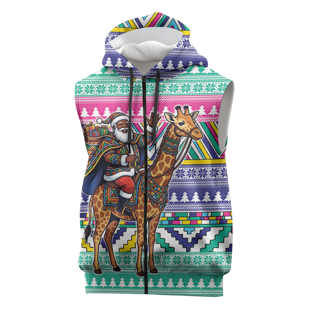 South Africa Christmas Santa Giraffe Sleeveless Zip Hoodie Ndebele Geometric Patterns
