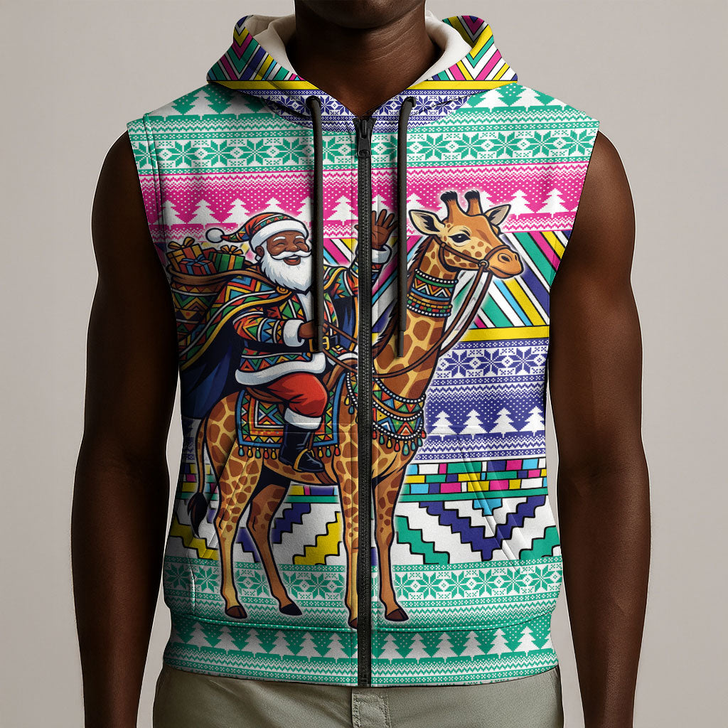 South Africa Christmas Santa Giraffe Sleeveless Zip Hoodie Ndebele Geometric Patterns