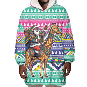 South Africa Christmas Santa Giraffe Wearable Blanket Hoodie Ndebele Geometric Patterns